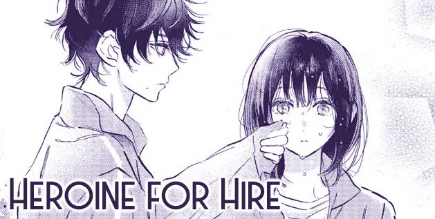 Screenshot from the Heroine for Hire manga. A Teen boy uses his sleeve to wipe water away from a teen girls face.
