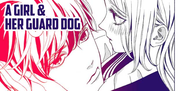 A Girl and Her Guard Dog Manga Screenshot. A man looks up at a high school girl as she holds his head in her hands.